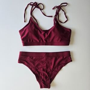 Tie-Strap Bikini Bralette & Brief Set (Burgundy/ Deep Maroon) NWT